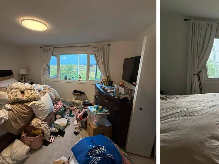 Bedroom before cleaning, clothes and boxes on the floor