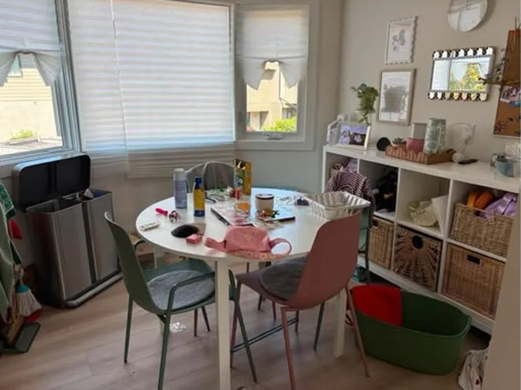 Dining table before cleaning, toys and dishes out